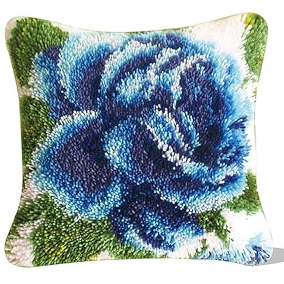 Blue Rose Latch Hook Pillow Kit for Adults Easy Throw Pillow Cover with Printed Canvas Crochet Yarn Needle Craft DIY Handmade Cushion for Home Sofa Decoration 43x43cm