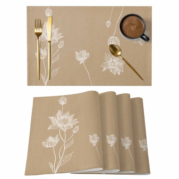 Beige White Floral Placemats Set of 8, Abstract Art Summer Botanical Placemats for Dining Table, Place Mats for Kitchen Tabletop, Waterproof Wipeable Dining Table Mats Set