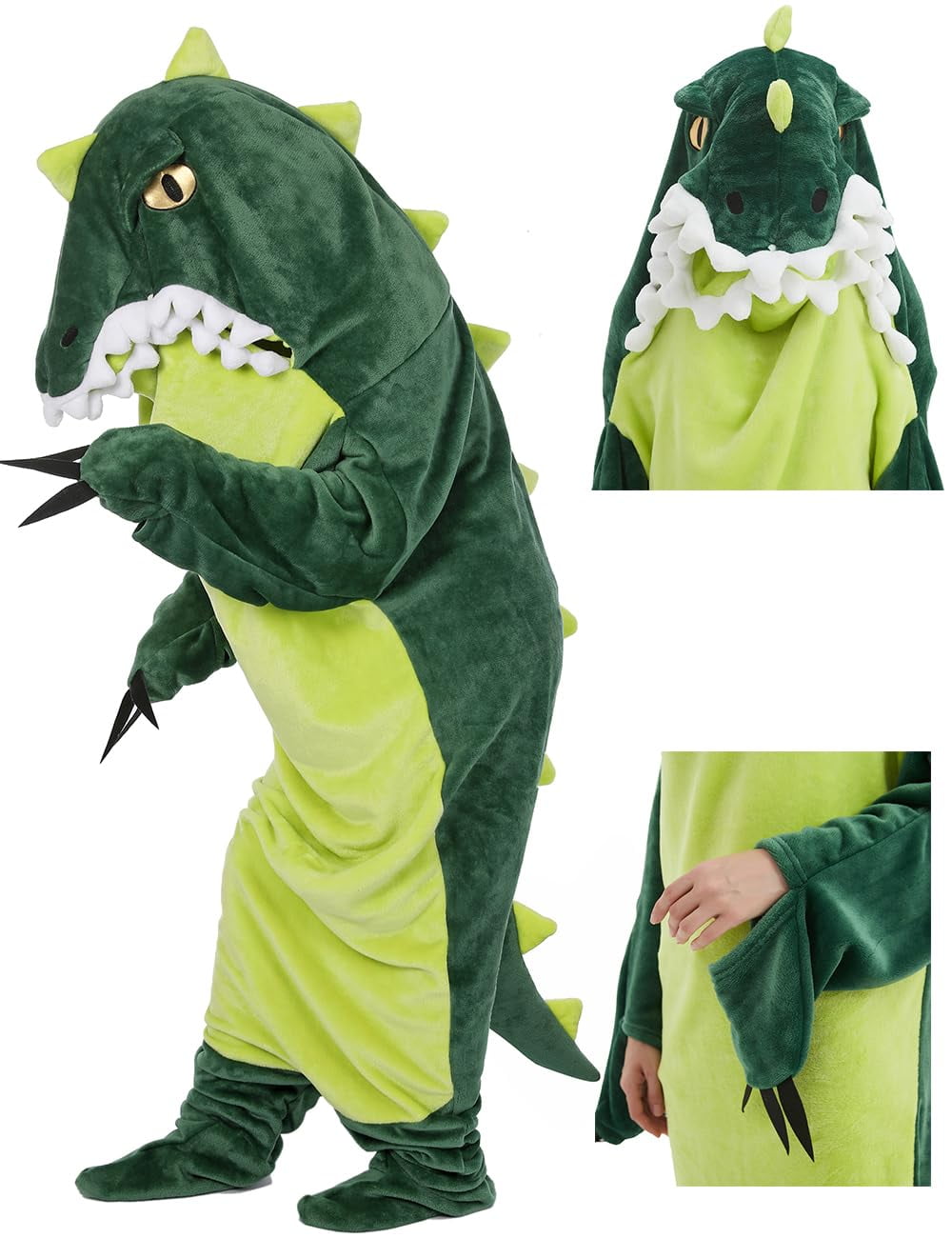 Shark Blanket Hoodie Onesie, Green Wearable Sleeping Bag for Adults, Soft Cozy Costume, L