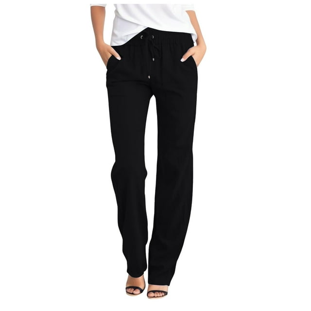 Zmoon Women's Solid Color Cotton and Linen Drawstring Loose Casual Wide-Leg Trousers