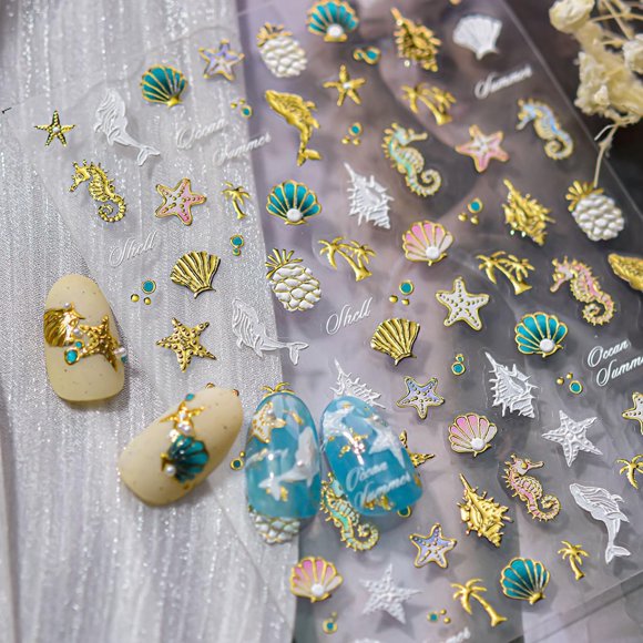 Pegatinas de uñas Quezadyl en relieve en 5D con diseño de océano de verano