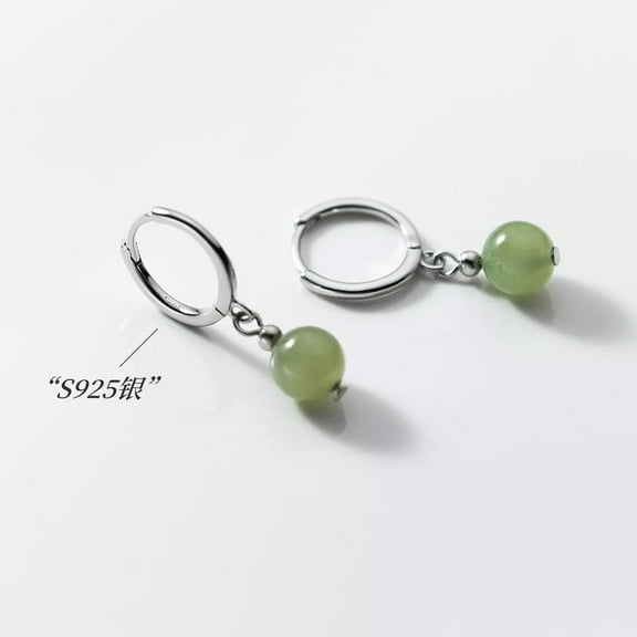 K-KED 925 Sterling Silver Round 6mm Jade Charm Hoop Earrings