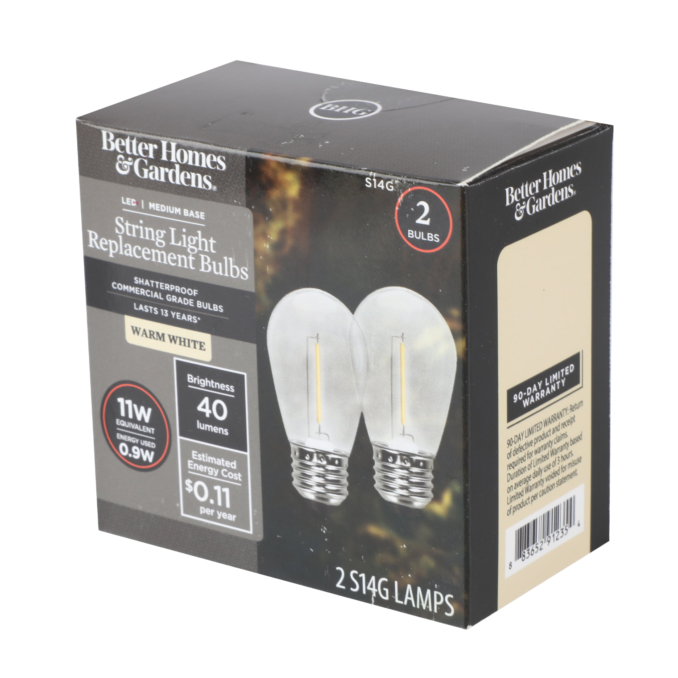 Better Homes & Gardens S14 0.9W LED Replacement Bulbs for Outdoor Commercial String Lights, Warm White, 2-Pack