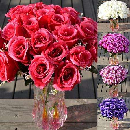 Diamonique Rose - Girl12Queen 1 Large Bouquet 24 Heads Fake Rose Artificial Flower Wedding Party Home Decor