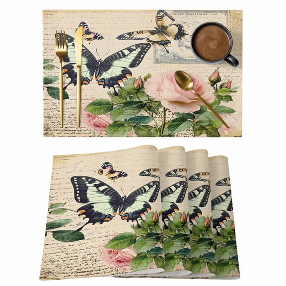 Butterfly Placemats Set of 4, Vintage Butterfly Non-Slip Place Mats Washable Table Mats for Kitchen Dining Table Decorations Indoor/Outdoor