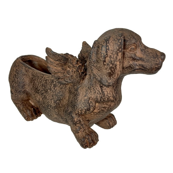 Zeckos Flying Wiener Dog Planter 18" Brown, With Drain Hole, Rustic Garden Decor
