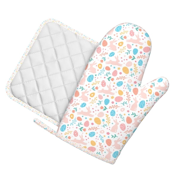 Honeii Happy Easter patten Oven Mitts and Pot Holders Sets, Baker Oven Mitts, Mittens for Kitchen Decor, Baking Lover over Gloves Gifts