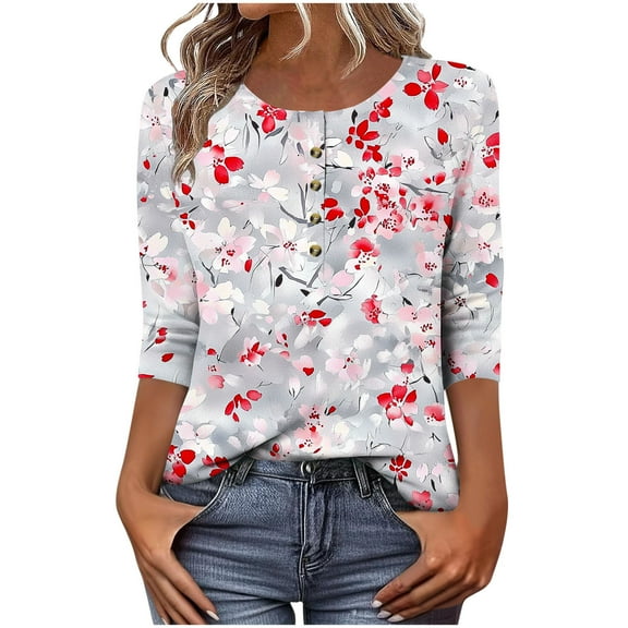 Taqqpue Womens 3/4 Length Sleeve Shirts Dressy Casual Flower Printed Crew-Neck Half Sleeve T Shirt Loose Fit Plus Size Blouse Tops