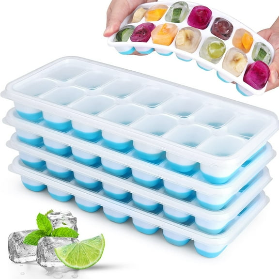 HUART Silicone Ice Cube Trays with Spill-Resistant Removable Lid, 4 Pack, Blue