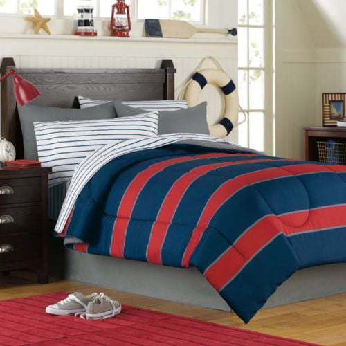Blue Red Rugby Stripe Boys Twin, Twin Rugby Stripe Bedding