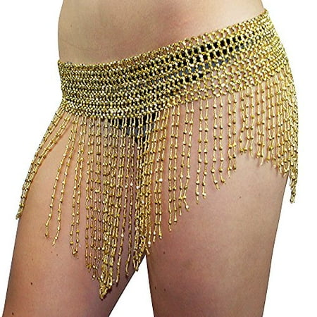Hip Shakers Beaded Elastic Waist Rave Belly Dance Skirt Hip scarf Halloween Belly Dancer Costume Gold