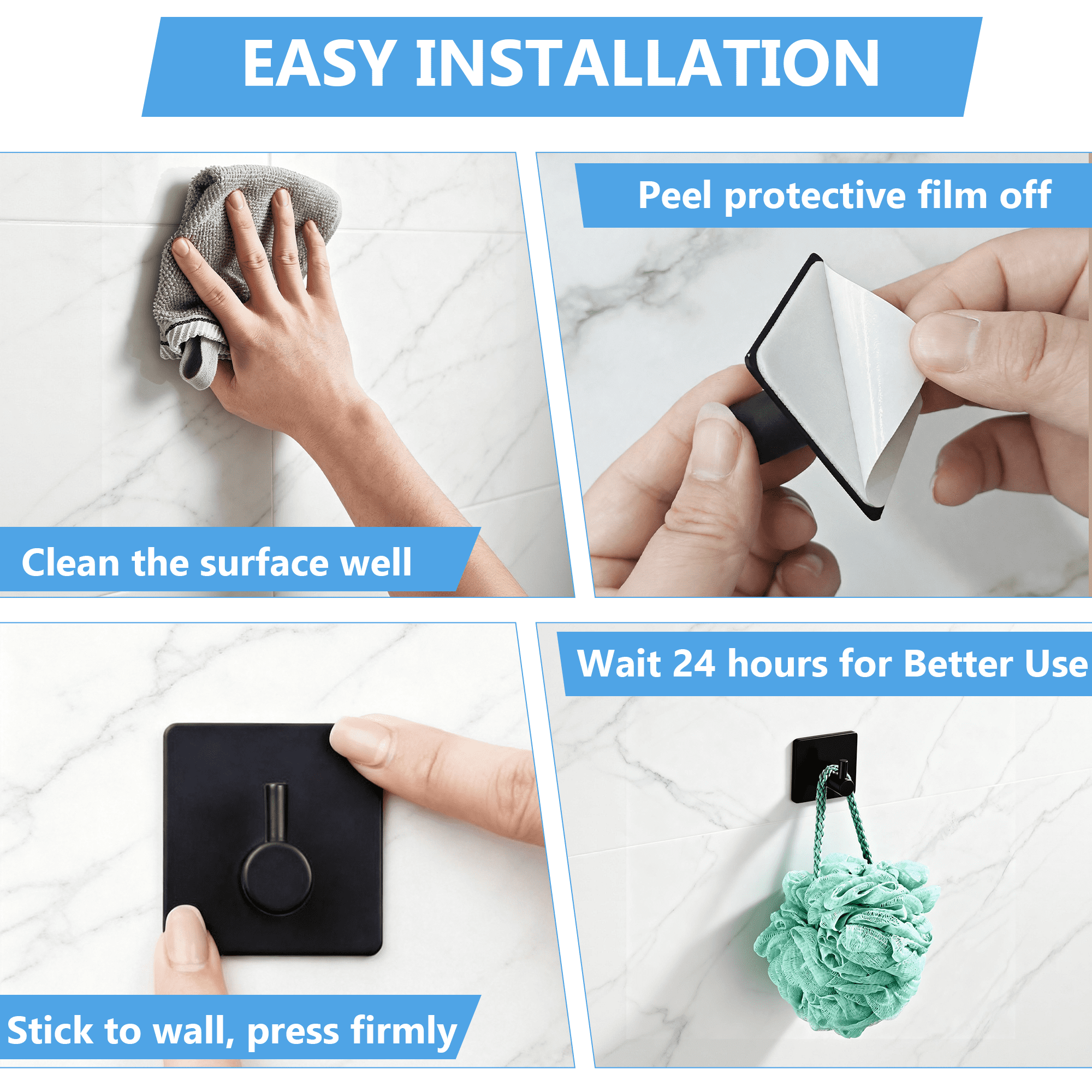 GARITIN 6 Pack Adhesive Hooks Heavy Duty Removable Self Stick Wall Hanging Hooks Without Nails, Waterproof Stainless Steel Wall Hangers for Bathroom Kitchen Storage