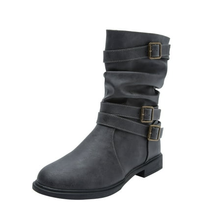 

jsaierl Women s Shoes Fashion Minimalistic Solid Color British Style Round Toe Low-heel Buckle Boots