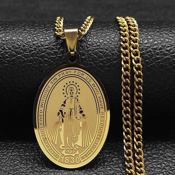 14K Yellow Gold Virgin Mary Oval Long Statement Necklace Women Geometry Necklace Jewelry acero inoxidable