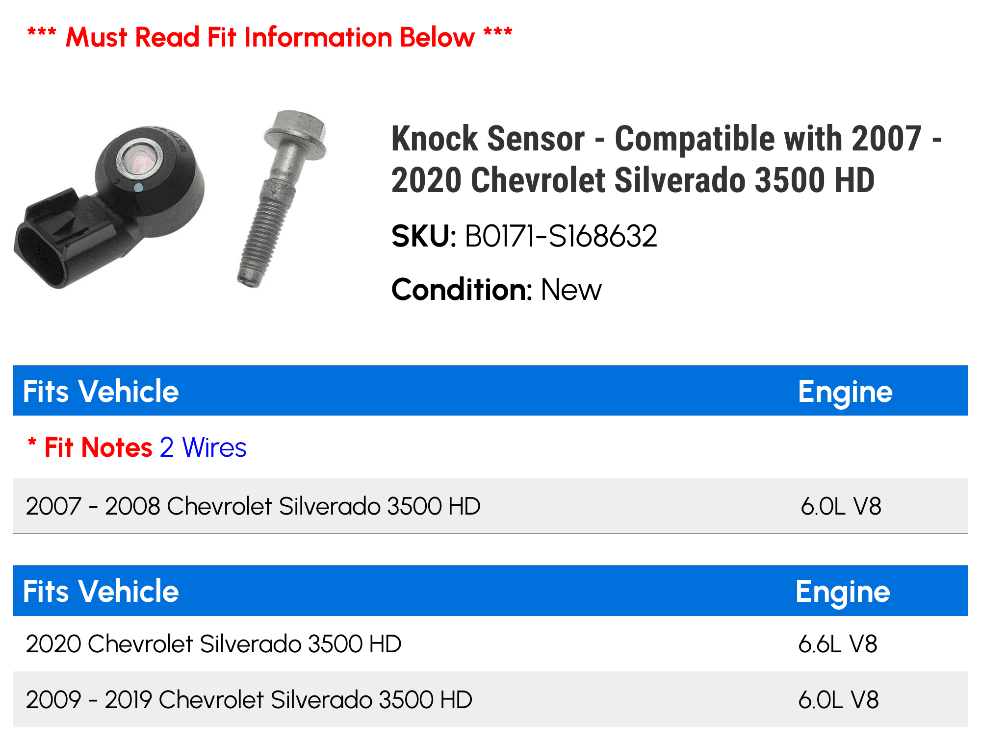 Knock Sensor - Compatible with 2007 - 2020 Chevy Silverado 3500 HD 2008 2009 2010 2011 2012 2013 2014 2015 2016 2017 2018 2019