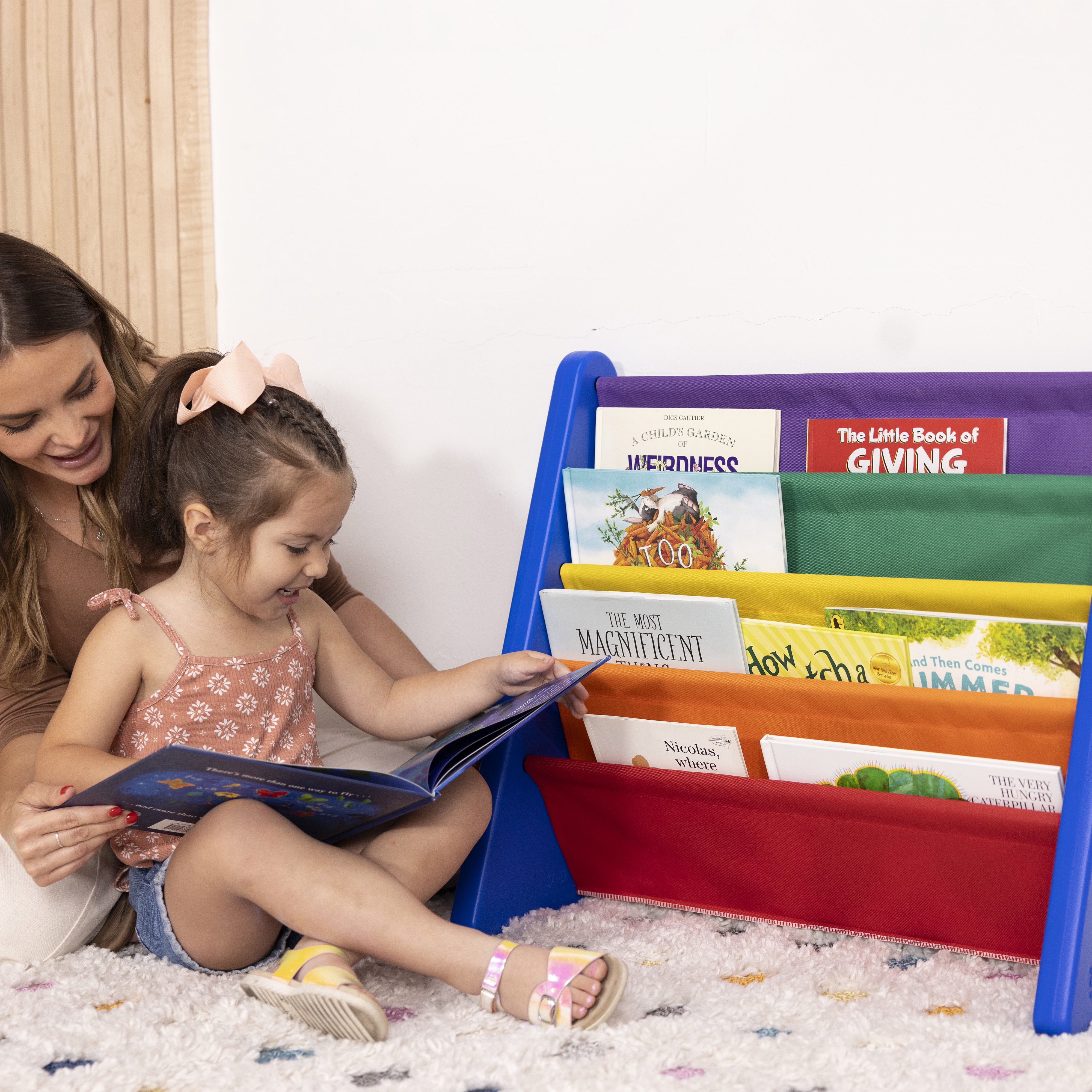 ECR4Kids 4-Tier Sling Book Display with Deep Fabric Pockets, Primary