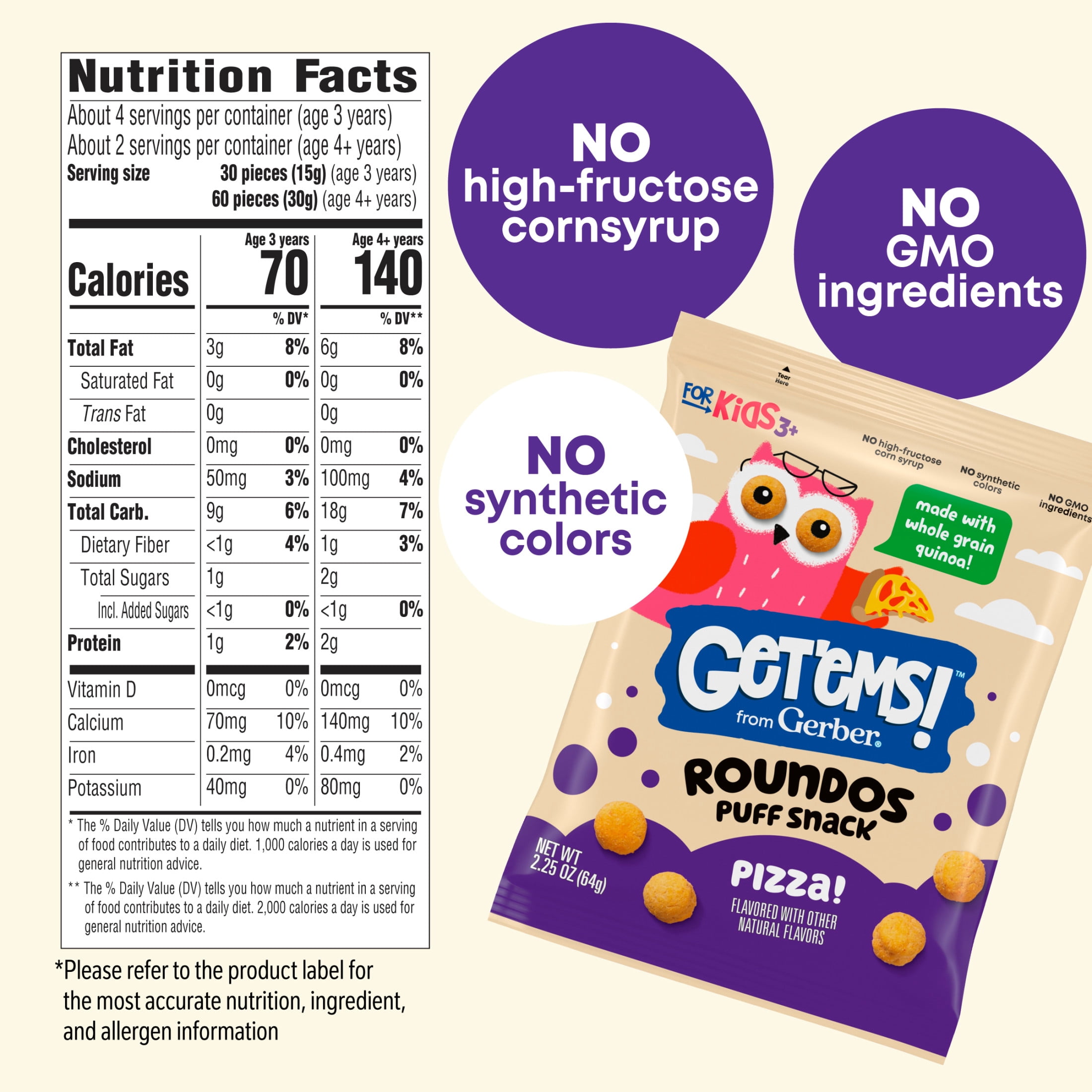 (6 pack) Get'ems from Gerber Pizza Roundos Puffs Snacks, Kids Snack Made with Whole Grain Quinoa, Calcium to Support Strong Bones 2.25 oz