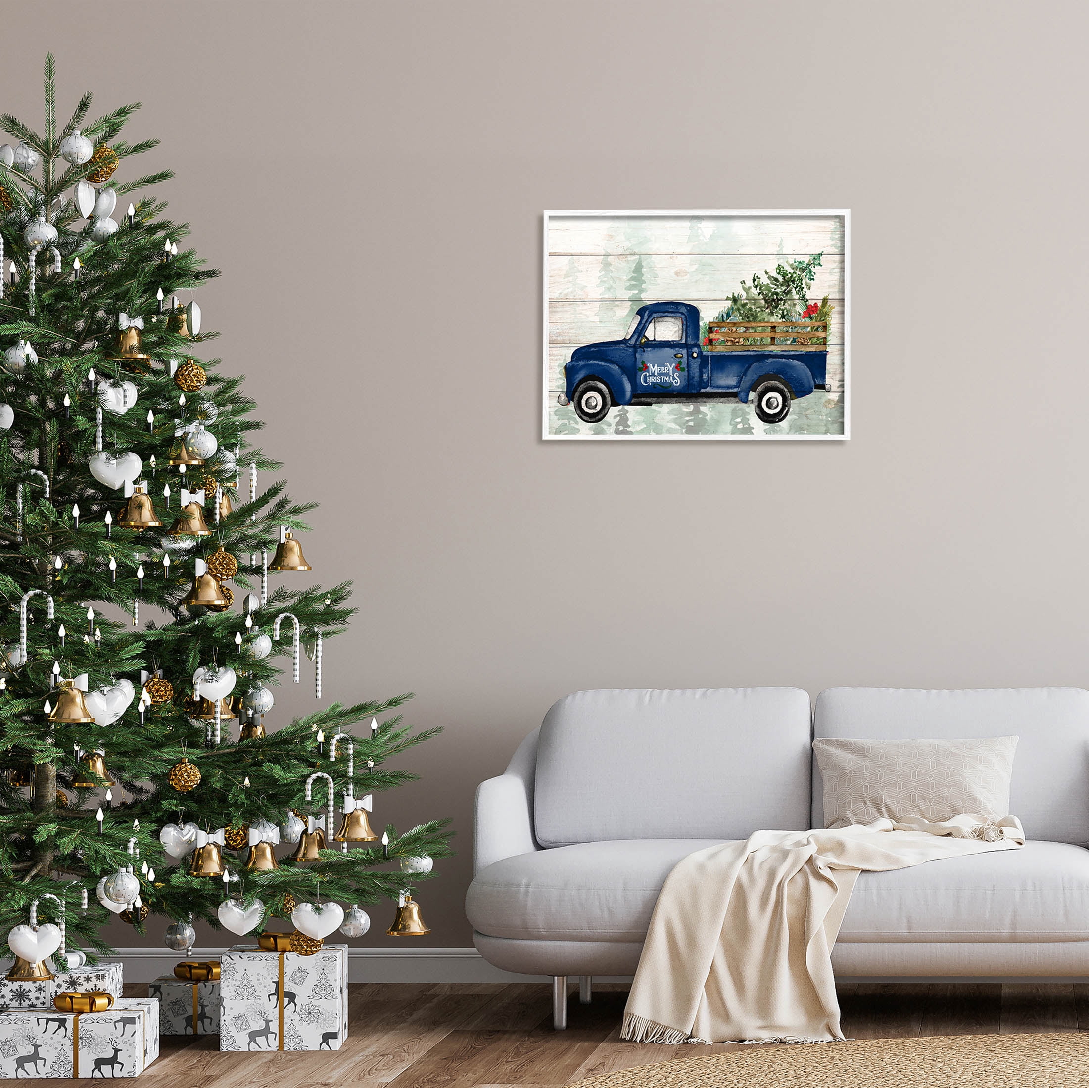 Stupell Industries Merry Christmas Blue Holiday Truck Graphic Art White Framed Art Print Wall Art, Design by Kim Allen