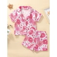 thumbnail image 2 of Caoirhny Kids Girls Pajamas Set, Flower Print Short Sleeve Turn-down Collar Tops with Elastic Waist Shorts Sleepwear, 2 of 9