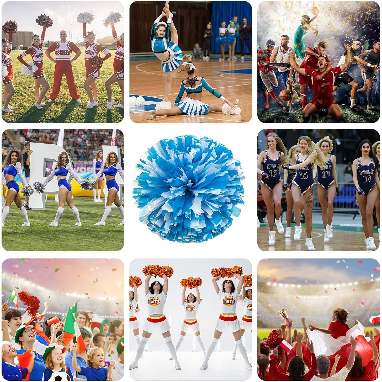 12 Pack Cheerleading pom poms,Cheer pom poms Sports Dance Cheer Plastic Pom Poms Cheerleading for Sports Team Spirit Cheering (Blue+Pink+White)