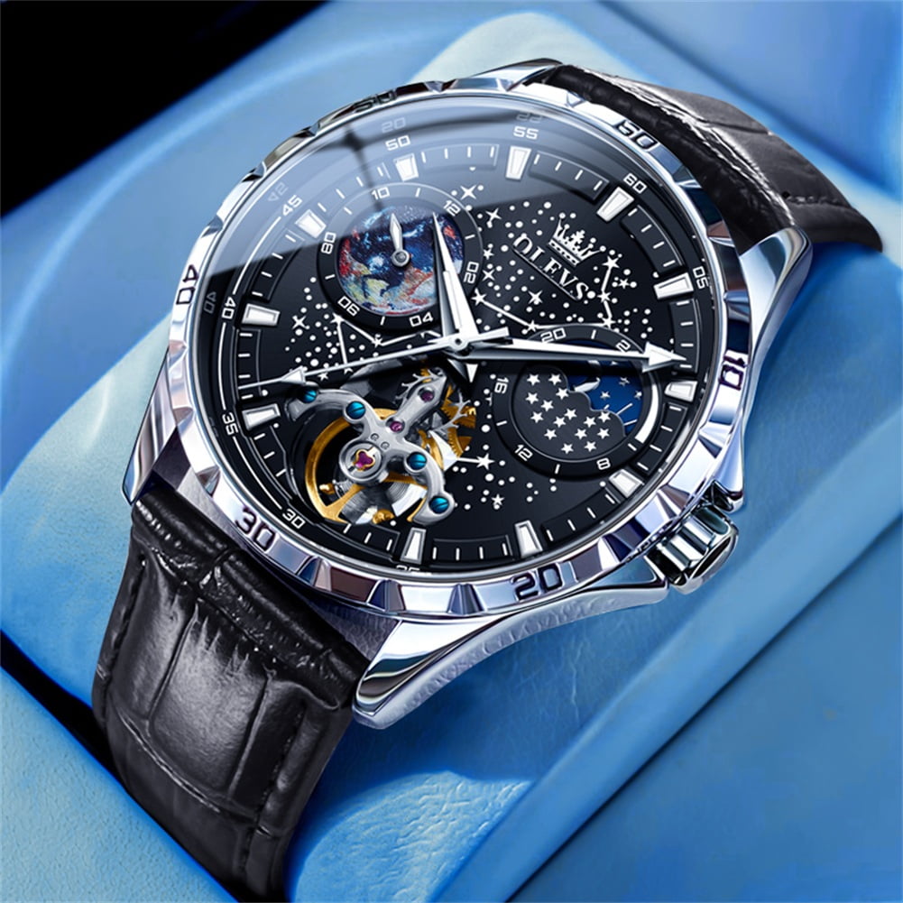 OLEVS Automatic Watches for Mens Starry Sky Skeleton Tourbillon Self Winding Mechanical Moon Phase Luminous Waterproof Luxury Dress Mens Wrist Watches Gifts Reloj Para Hombre Black/Blue/Green