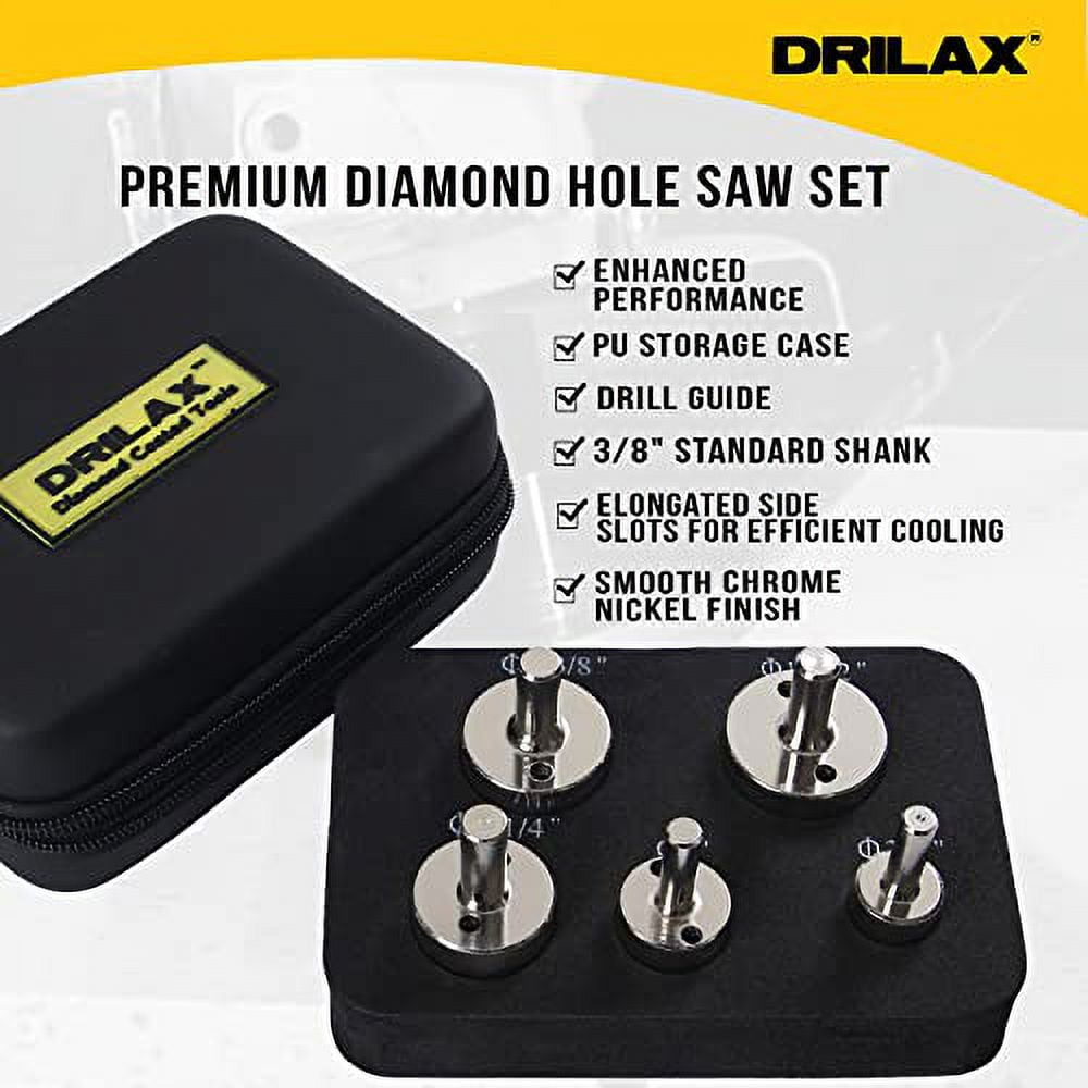Drilax Diamond Drill Bit Hole Saw Extra Tall Long Drilling Quartz Granite Countertop Ceramic Porcelain Tile Glass 3/4, 1, 1 1/4, 1 3/8, 1 1/2 Inch 5 Pieces Set