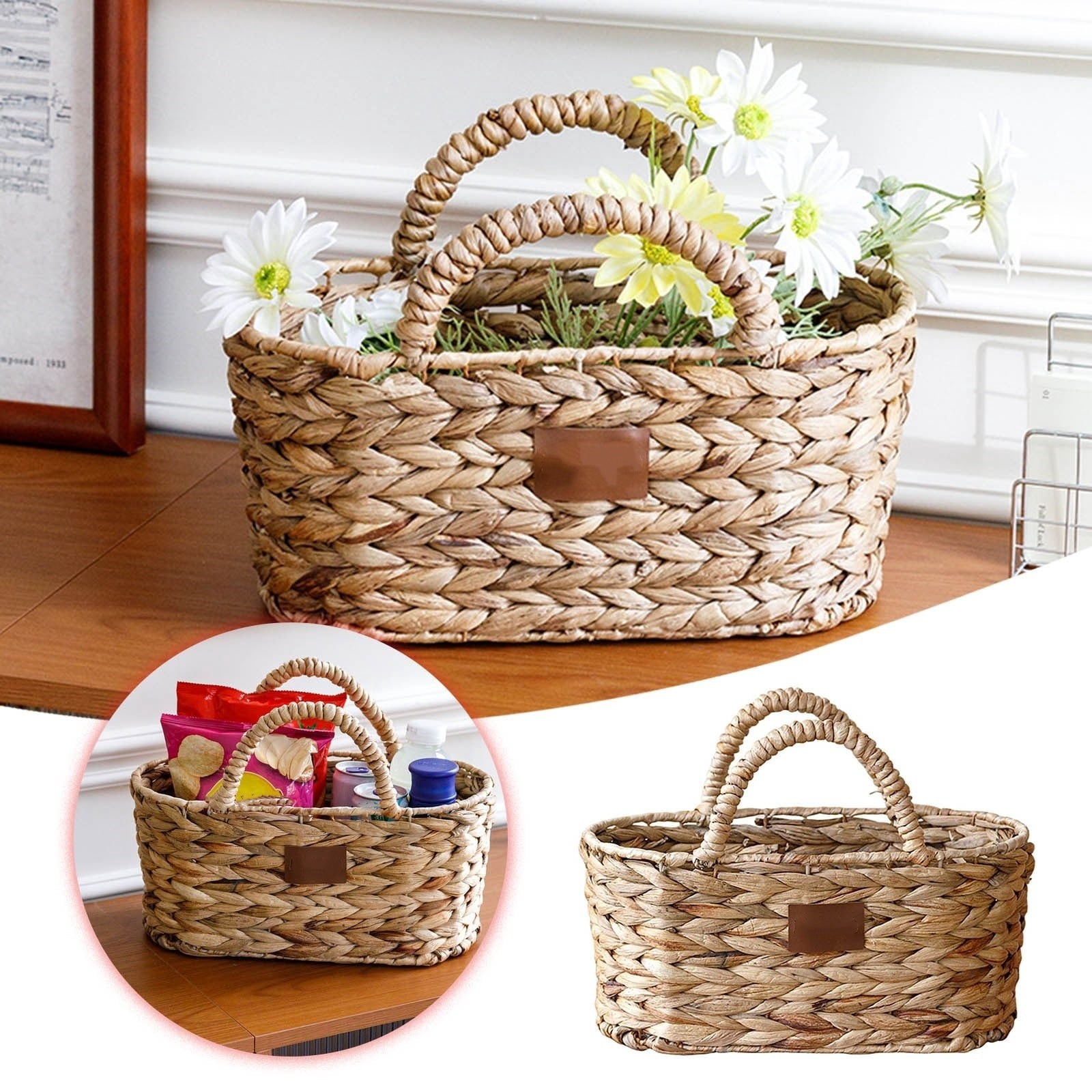 Wicker Basket with Handles - Handwoven Picnic Hamper, Oval Kitchen Storage Basket for Camping, Outdoor, Fruit, , Thanksgiving, Easter, Birthday Gift and Home Decor