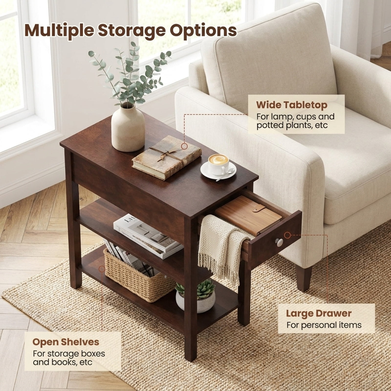 Furnibear 3 Tier Narrow End Table Set of 2 with Pull Out Drawer and Open Storage Shelves and Rubber Wood Legs for Bedroom Living Room, Walnut
