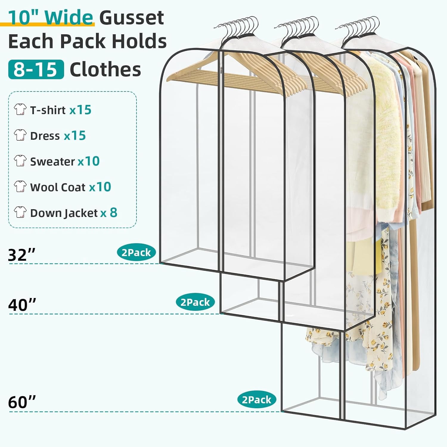 6 Pack Clear Garment Bags for Hanging Clothes with Zippers on Double Sides - 32&40&60" Long Suit Bags - 10'' Clothes Storage for Coat, Dress, and Fur in Closet
