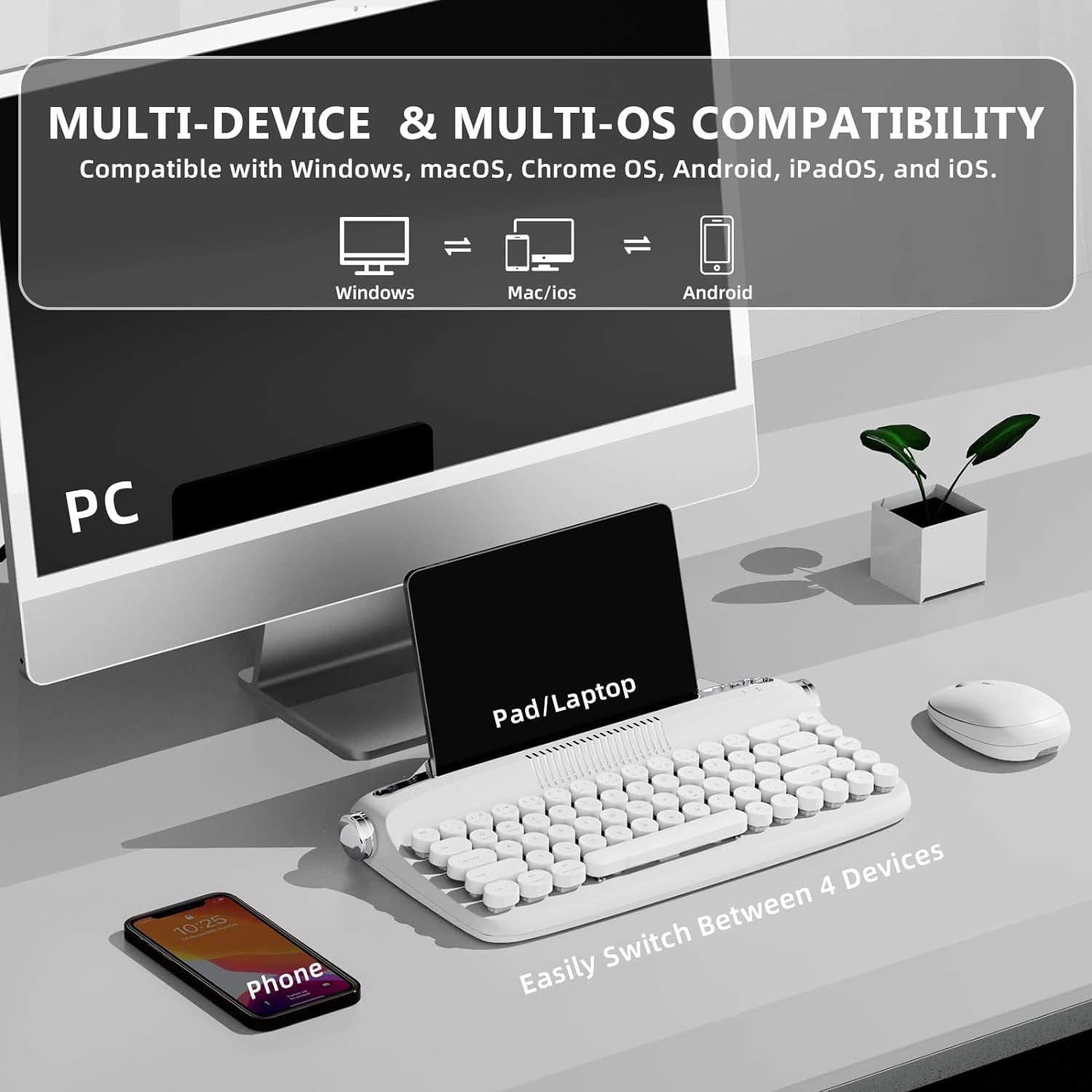 YUNZII Retro Wireless Typewriter Keyboard with Stand, USB-C/Bluetooth, Cute Round Keycaps,Stand for Table, Phone, PC and Win/Mac/Android,White