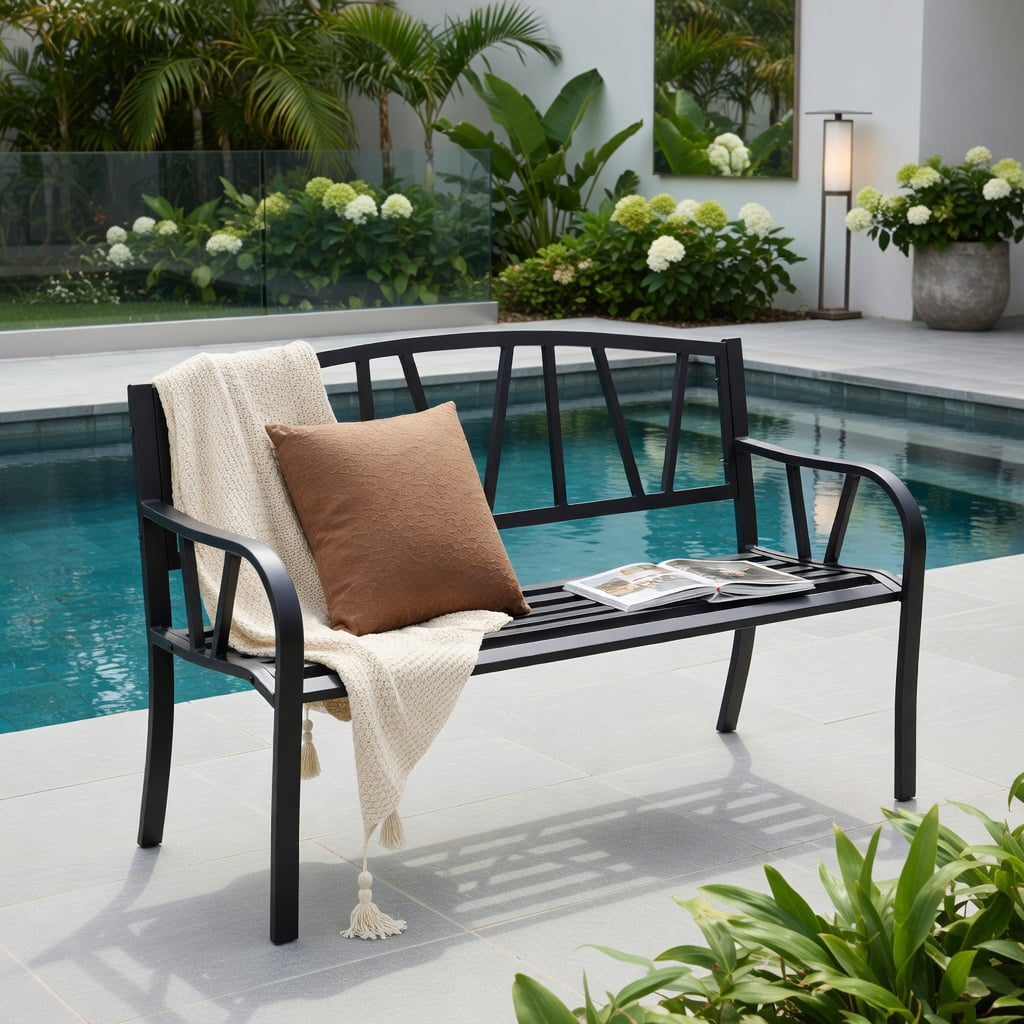 Hommoo Outdoor Patio Bench with Heavy-Duty Metal Frame, Slatted Garden Bench for Backyard, Porch & Deck, Ergonomic 105° Backrest, Black