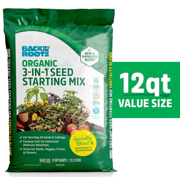 Back to the Roots Natural and Organic 3-in-1 Seed Starting Mix, Premium Blend Soil, 12 Quart Value Size, New & Improved Blend
