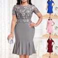 thumbnail image 2 of Women's Floral Lace Dress Round Neck Short Sleeves Bodycon Dress Embroidery Fashion Dress, 2 of 4
