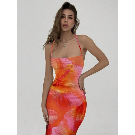 Romantic Date Ditsy Floral Camisole Backless Maxi Dress, Pink Orange Hibiscus Print, Spring Summer Evening Dress