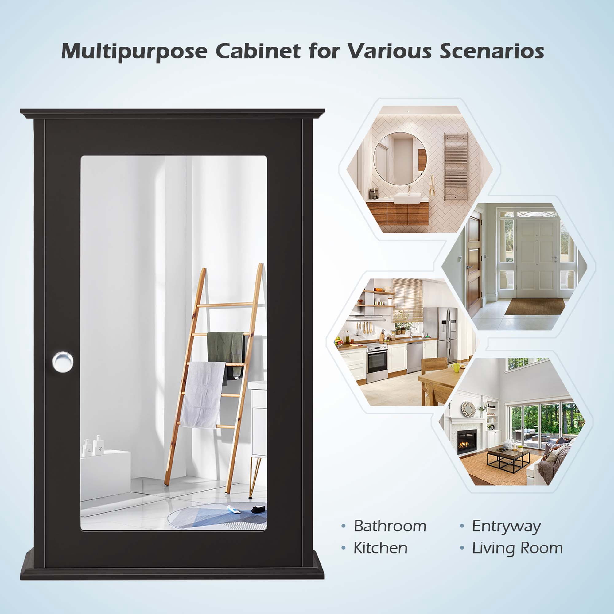 Costway Bathroom Wall Cabinet Single Mirror Door Cupboard Storage Wood Shelf Brown