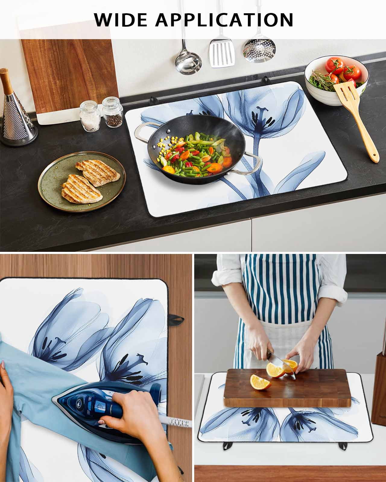 nqOlkjepod Large Induction Cooktop Protector Mat 36"x21", Blue Flowers Stove Top Covers for Electric Stove, Gradient Botanical Tulip Floral Plants Stove Burner Cover Mats, Glass Top Stove Cover