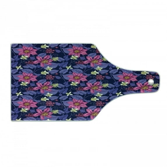 Floral Cutting Board, Tropicana Orchids Rainforest Wilderness Style Hawaiian Seascape Theme, Tempered Glass Cutting and Serving Board, Wine Bottle Shape, Violet Magenta Indigo, by Ambesonne