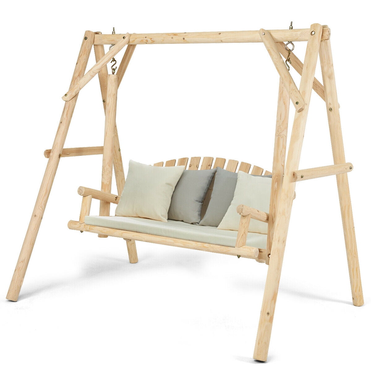 Gymax Wooden Porch Swing Outdoor Patio Rustic Torched Log Curved Back Bench A Frame
