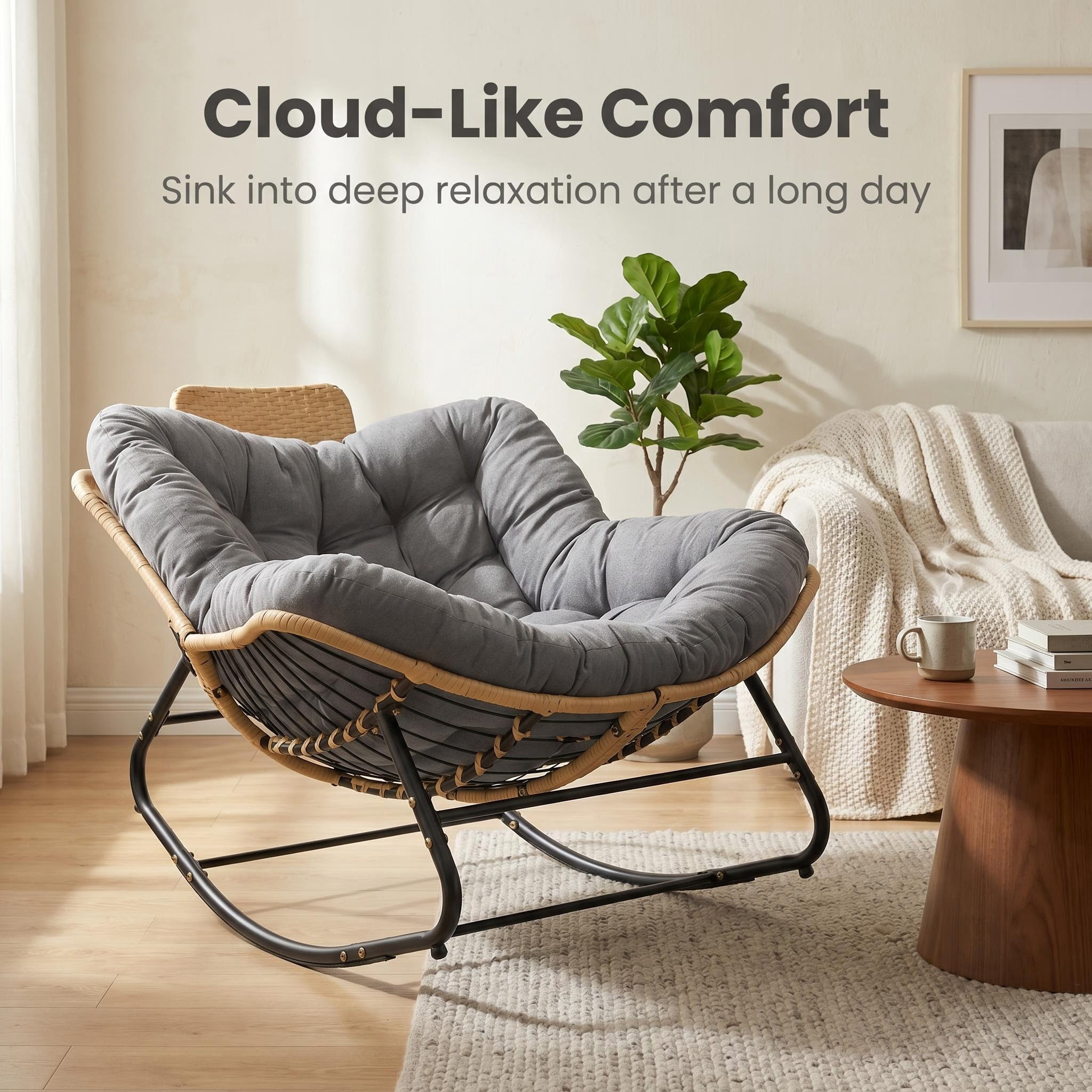 39.37" Rocking Chair Outdoor, Oversized Patio Egg Chair with Thick Cushion And Handwoven Rattan Head Pillow,Indoor Wicker Lounge Rocker Bed for Balcony, Porch, Garden, Dark Grey