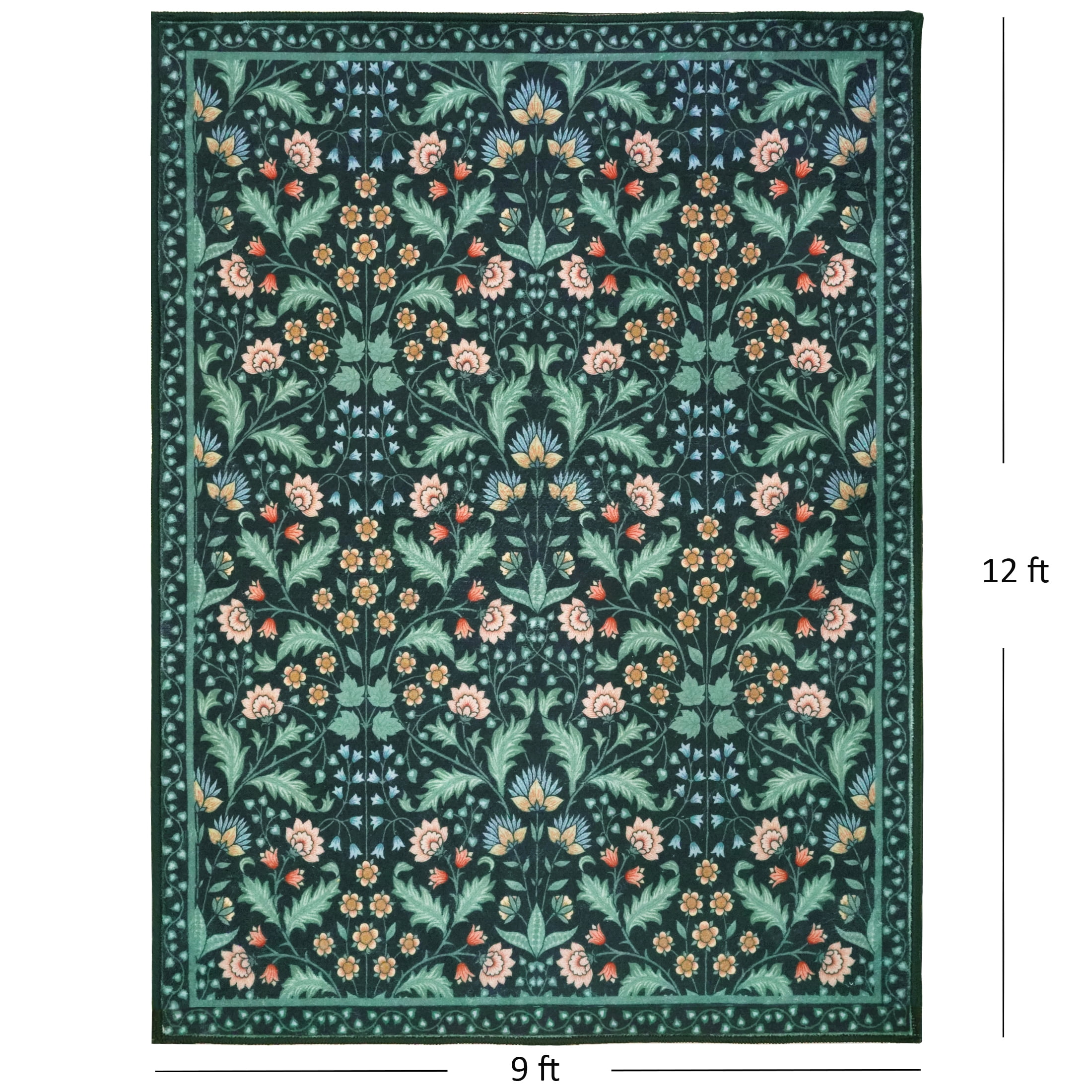 ARJINCUTE 9' x 12' Floral Area Rugs for Living Room, Washable Low Pile Non-Slip Vintage Large Floor Carpet for Bedroom Dinning Room, Black  Base