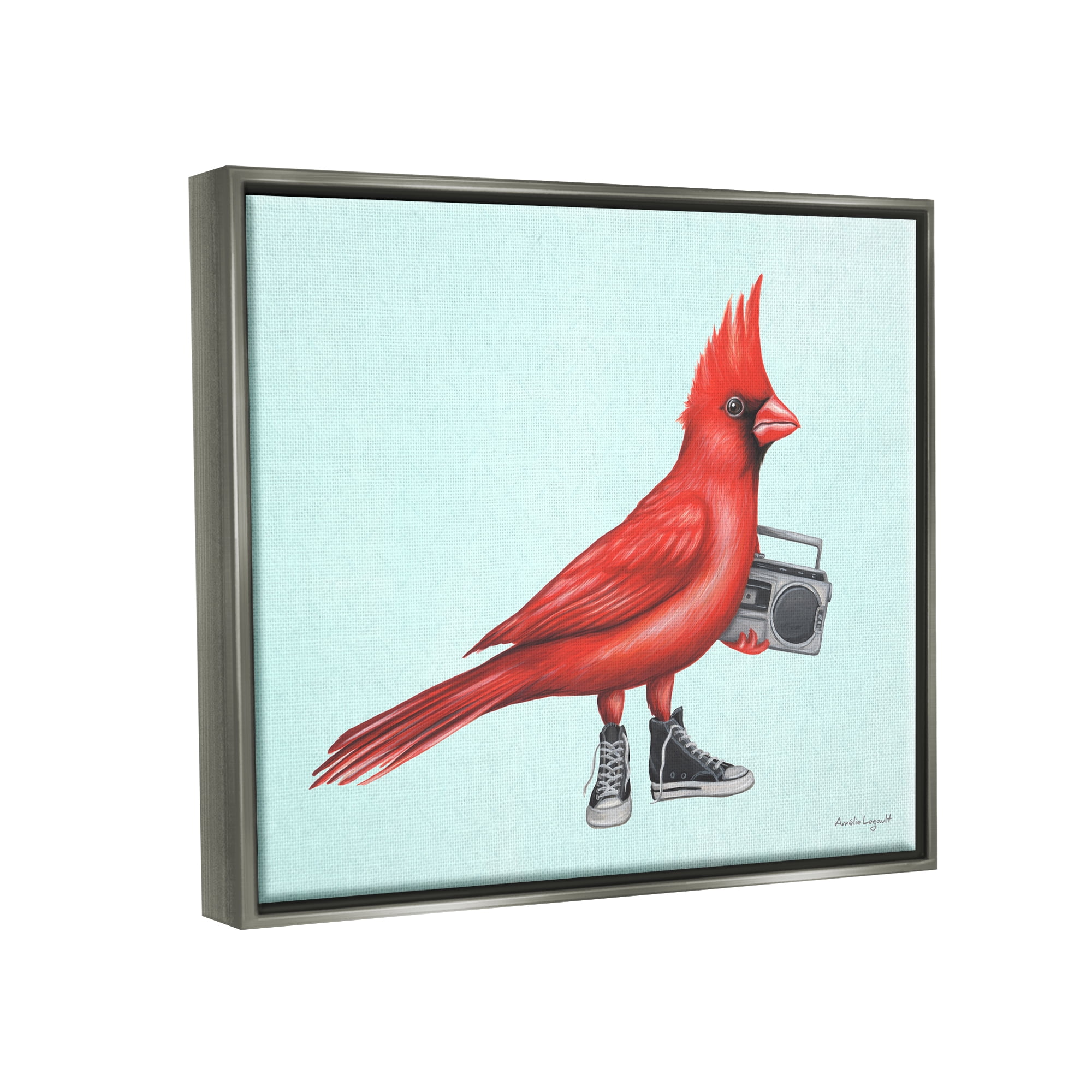 Stupell Industries Cardinal Bird Black Sneakers Retro Boombox Illustration Graphic Art Luster Gray Floating Framed Canvas Print Wall Art, Design by Amelie Legault
