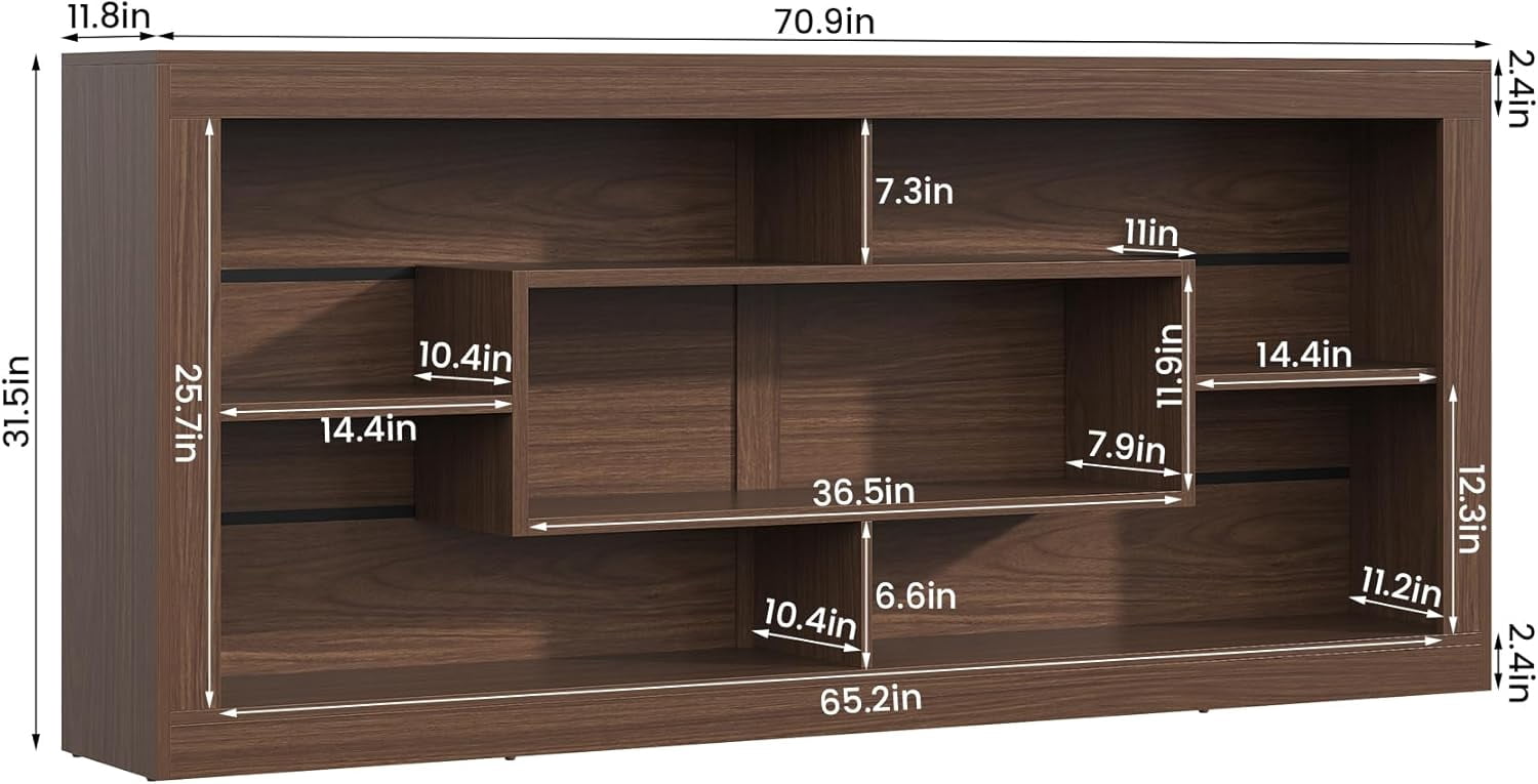 Winkalon Modern Farmhouse 7-Cube Storage Organizer Bookcase, 71” Wide Bookshelf, Large Floor Standing Cubby Shelf Unit with Anti-Tip Kit for Home Office, Living Room, Bedroom,Brown