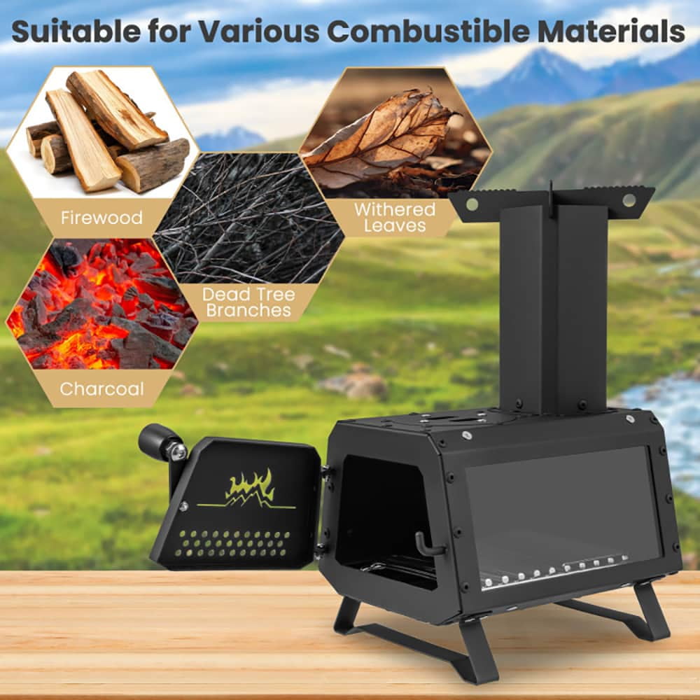 Spaco Portable Wood Camping Burning Stove Heater with 2 Cooking Positions, Portable Wood Burning Stove, Black