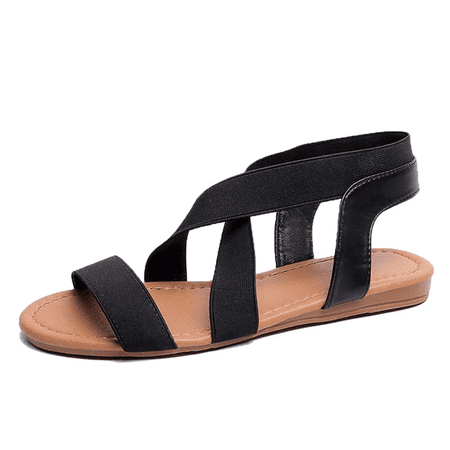 Lowestbest Sandals for Women, 002BK36NS Women's Flat Sandals Criss-Cross Open Toe Wide Elastic Strap Fashion Summer Shoes for Ladies, Black Soft Elastic Band Slippers Flip Flops, (Best Shoes For Flat And Wide Feet)