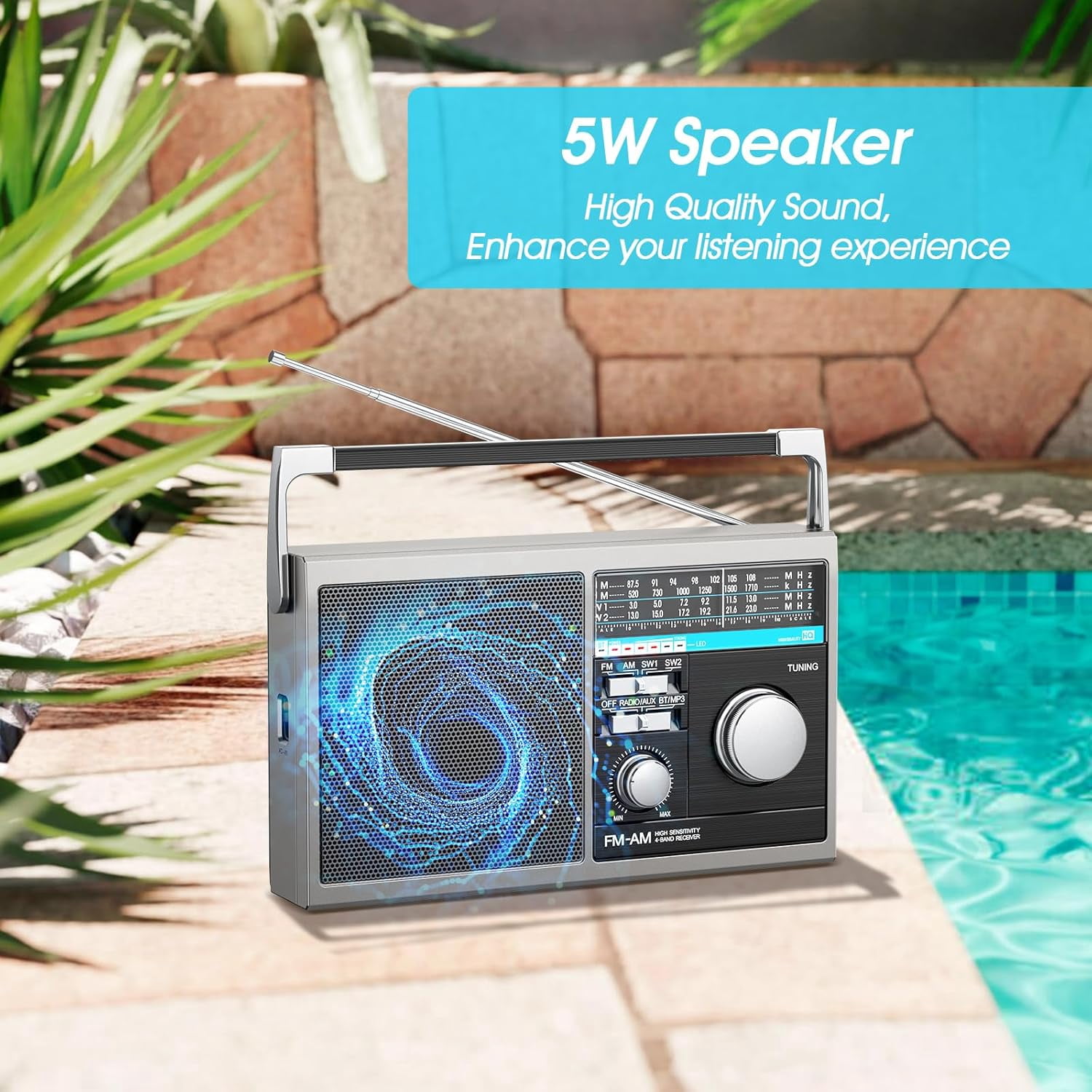 Portable AM FM Radio, Shortwave Transistor Radio with Best Reception, Battery Operated or AC Power Retro with Big Bluetooth Speaker, Earphone Jack USB TF Card AUX Input, for Senior(Gray)