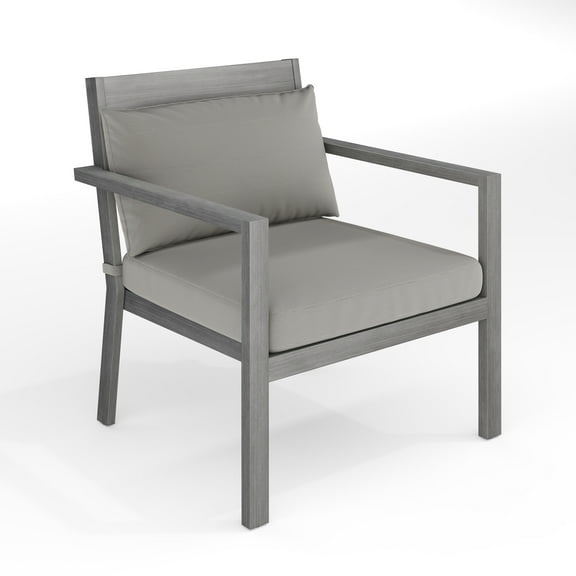 Martha Stewart Set of 2 Indoor-Outdoor Patio Accent Chairs with Gray Brushed Woodgrain Aluminum Finish and Gray All-Weather Seat and Lumbar Cushions