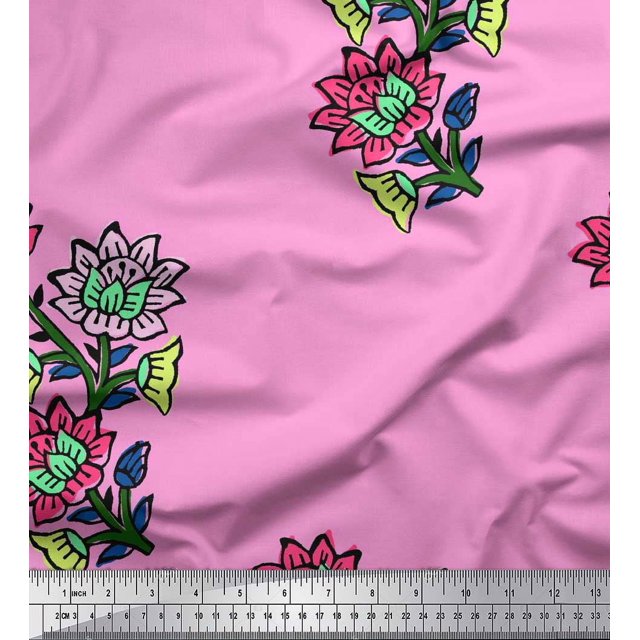 Soimoi Poly Georgette Fabric Leaves & Floral Block Print Sewing Fabric Yard 42 Inch Wide
