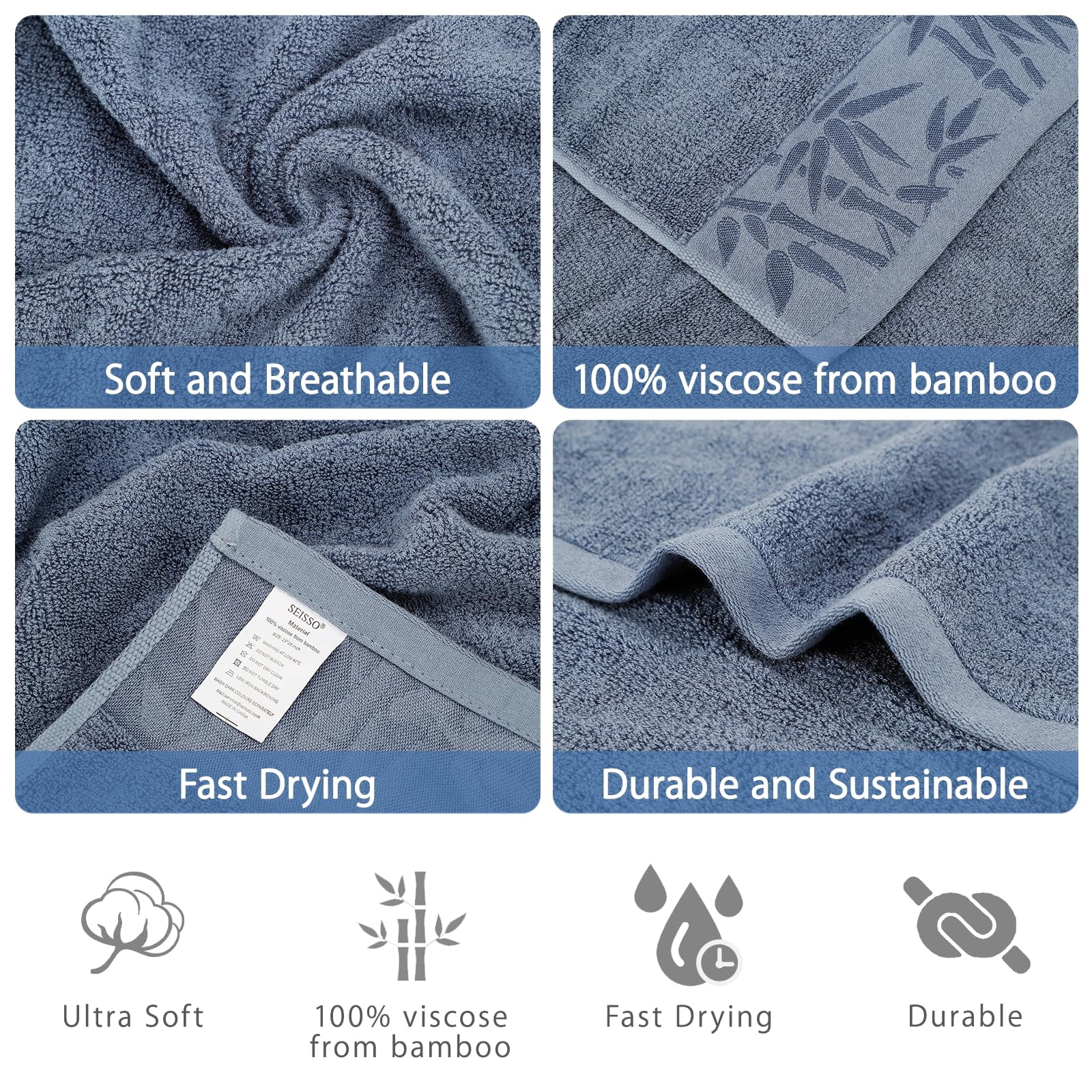 SEISSO Hand Towels 6 Pack,Soft Viscose Made from Bamboo Hand Towel, Highly Absorbent & Quick Drying Decorative Hand Towels for Bathroom, Multipurpose Use for Face,Spa,Salon Towels, 13x29 inches, Blue