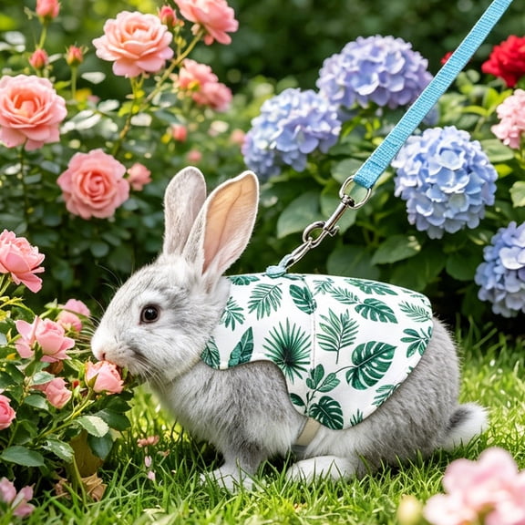 Rabbit Harness and Leash Set for Outdoor Training Camping Walking, Escape Proof Clothes Bunny Outfits for Rabbits, Kittens, Ferrets, Guinea Pigs (White, M)