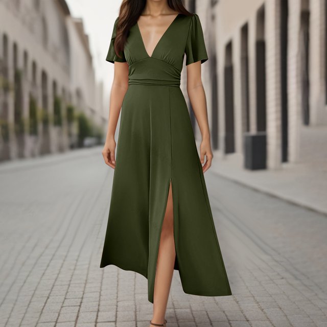 Qiopertar Mode Robe Longue d'Été à Manches Courtes Col en V pour Femmes Grandes Économies de Vacances! Moins de 5$ jusqu'à 90 % de Réduction